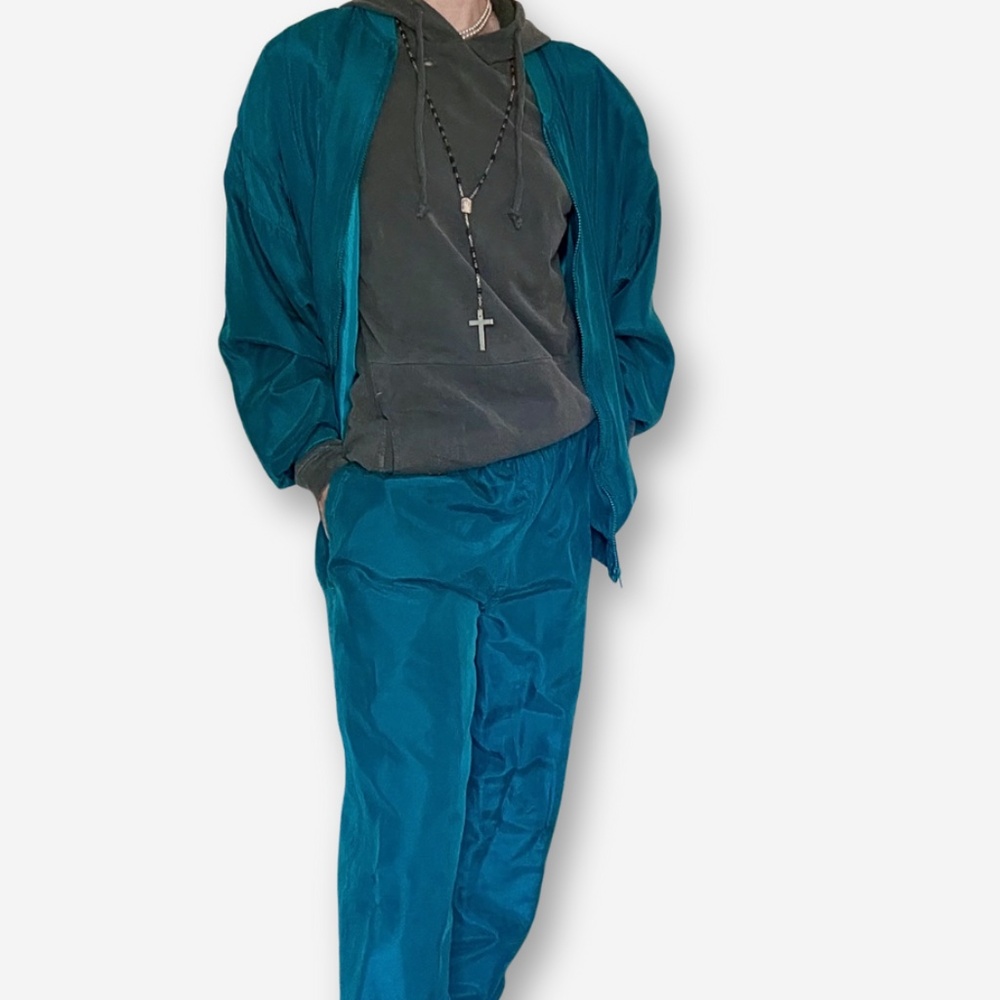Vintage 100% Silk Track Suit Teal Oversized Small 90s Glam Travel